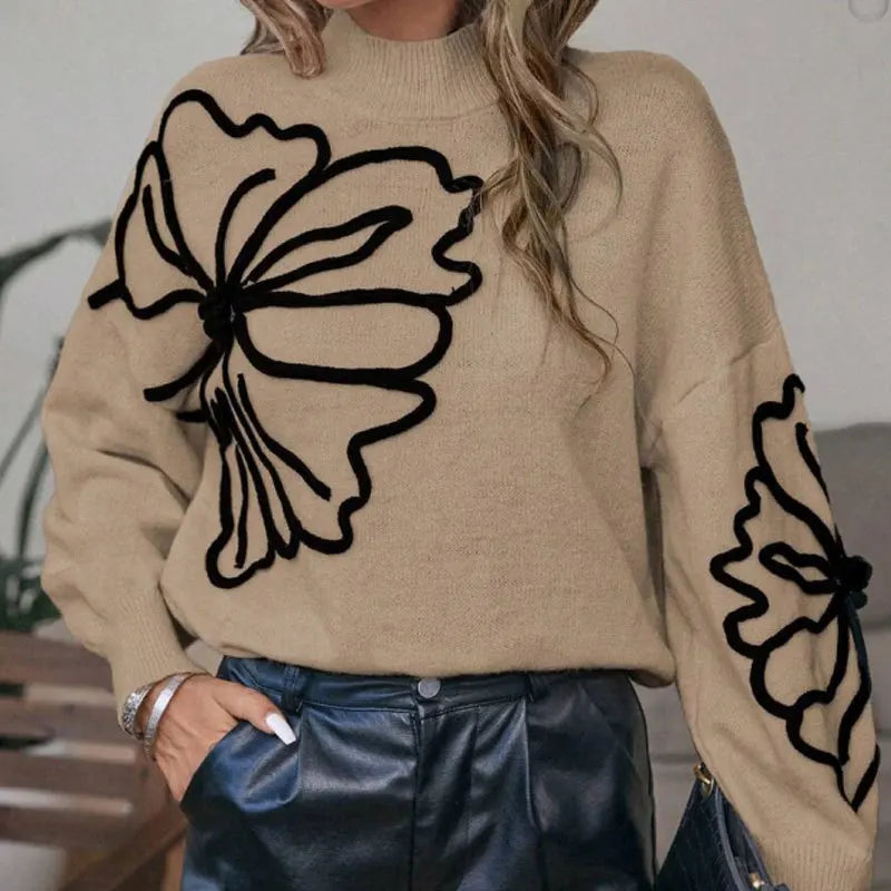 Autumn and Winter New Sweater Women's Embroidered Three-dimensional Large Flower High Neck Pullover Long Sleeved Knitted Sweater