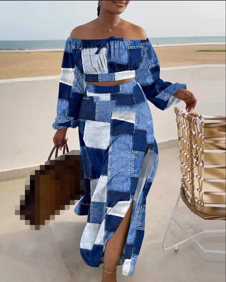 Casual Off Shoulder Suit Sexy Split Printing Loose Long Skirt Two Piece Set For Women Vacation Summer Outfits Vestido Feminino