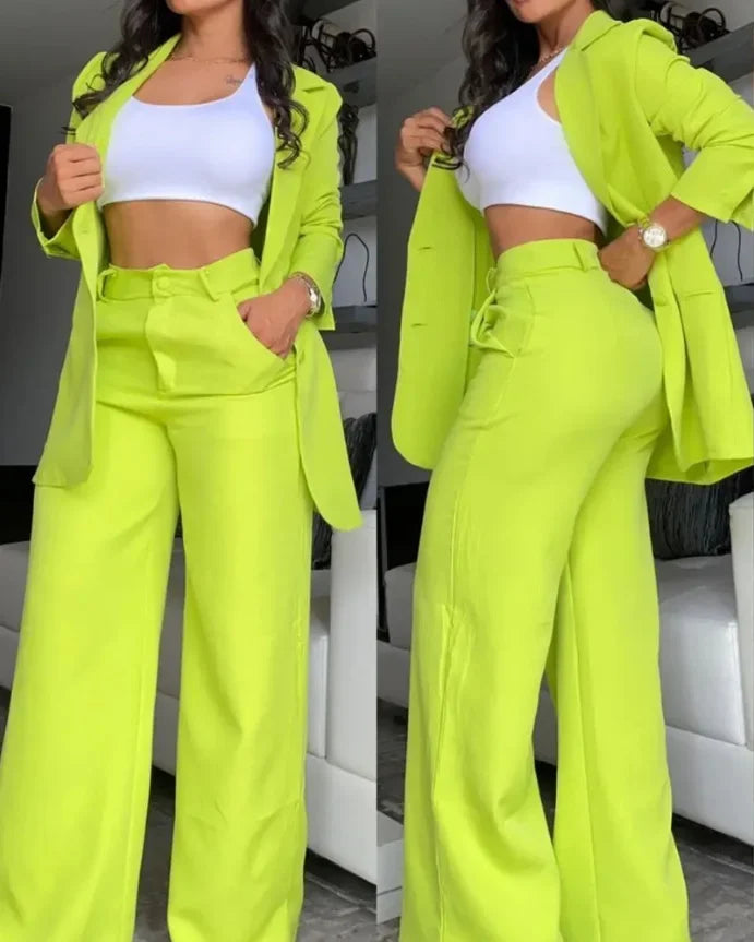 Women Pant Sets Two Piece Set Pants Turn Down Collar Single Breasted Tracksuit Outerwear Ankle Length Straight Pockets Loose