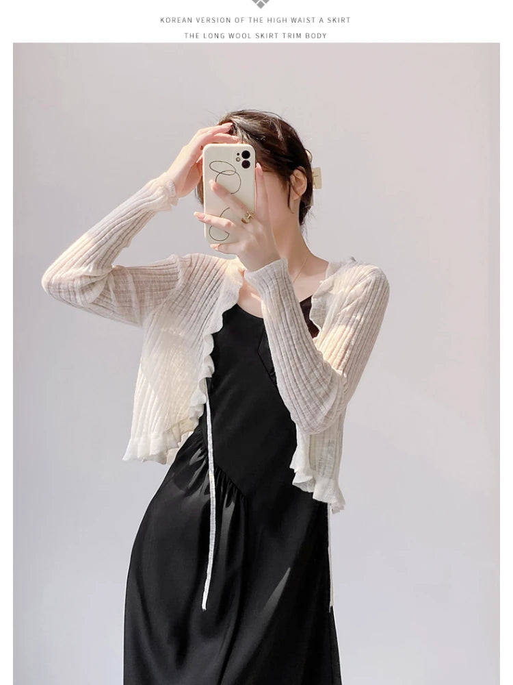 Lace Trim One Button Long Sleeve Crop Top Women Short Sleeve Open Front Ribbed Knit Cardigan Sweater Summer Fairycore Outfit