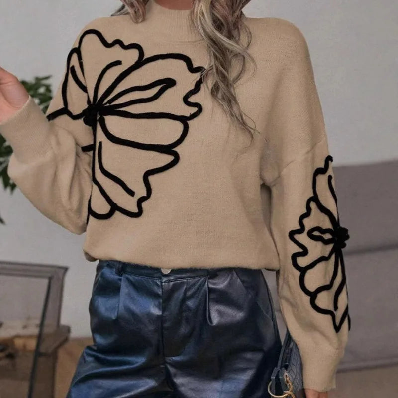 Autumn and Winter New Sweater Women's Embroidered Three-dimensional Large Flower High Neck Pullover Long Sleeved Knitted Sweater