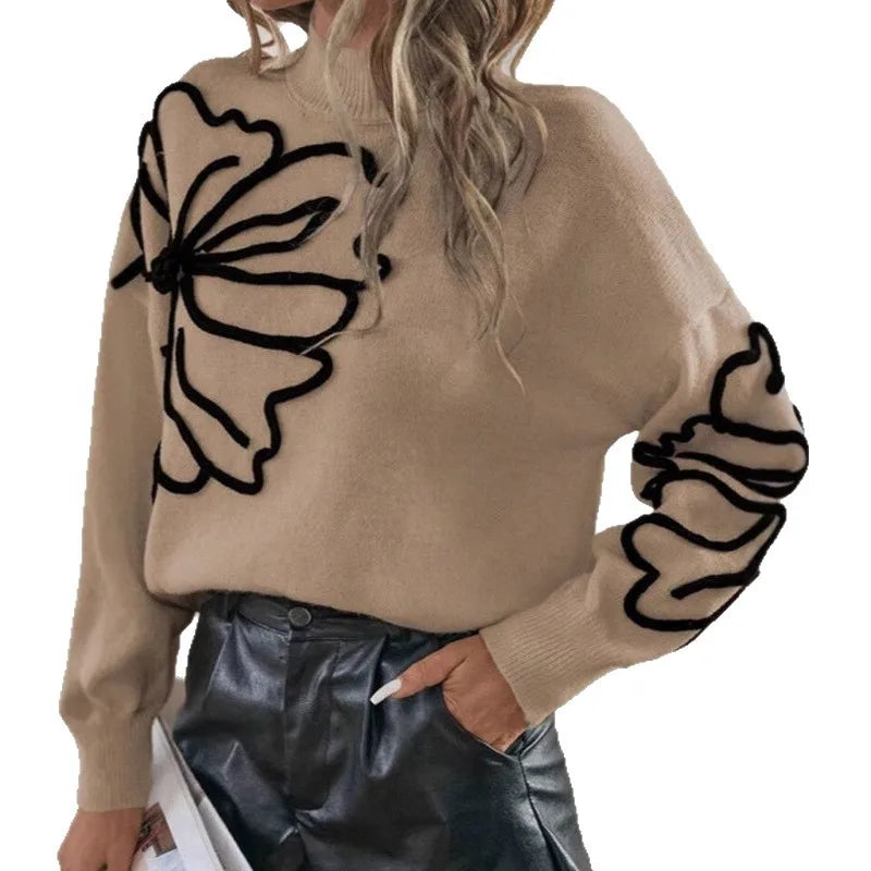 Autumn and Winter New Sweater Women's Embroidered Three-dimensional Large Flower High Neck Pullover Long Sleeved Knitted Sweater