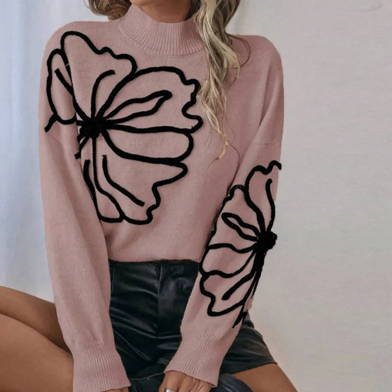 Autumn and Winter New Sweater Women's Embroidered Three-dimensional Large Flower High Neck Pullover Long Sleeved Knitted Sweater