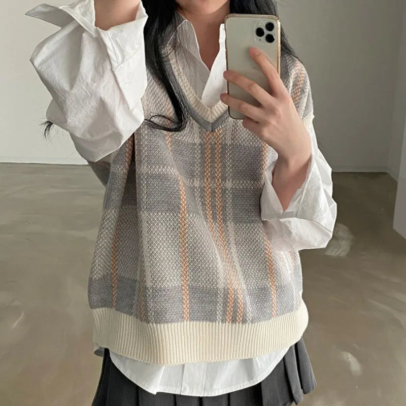 Vintage V-neck Plaid Sweater Vest Women Autumn Winter Vintage Knit Sweaters Pullover Loose Korean Knitwear Tops Pull Femme 23875