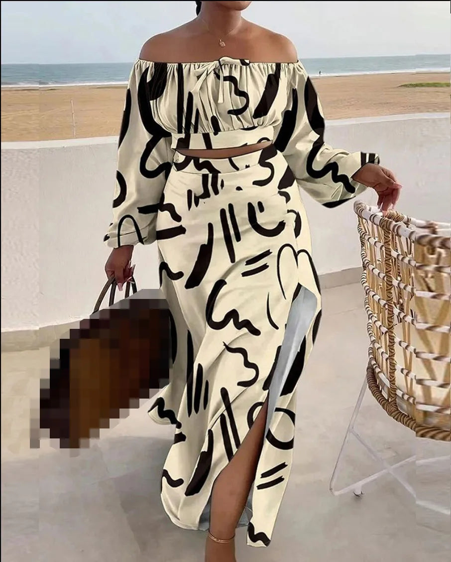 Casual Off Shoulder Suit Sexy Split Printing Loose Long Skirt Two Piece Set For Women Vacation Summer Outfits Vestido Feminino
