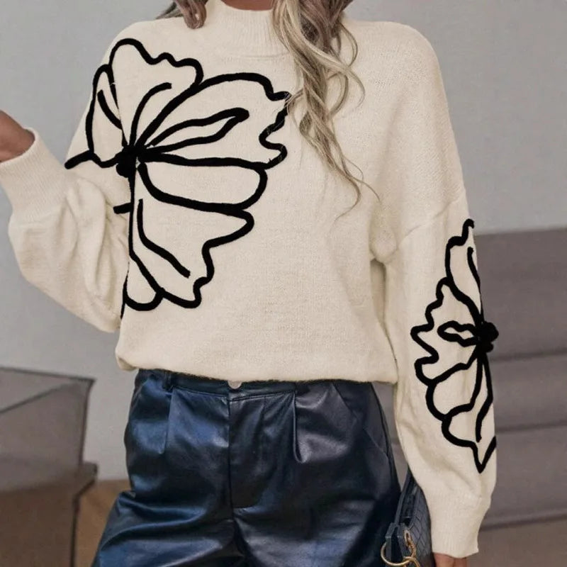 Autumn and Winter New Sweater Women's Embroidered Three-dimensional Large Flower High Neck Pullover Long Sleeved Knitted Sweater