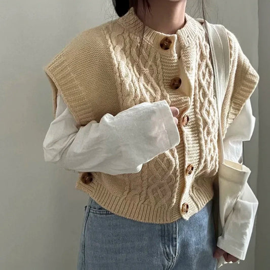 Cable Knit Sweater Vest Cardigan for Women Cozy Button Up Sleeveless Crop Knit Top for Women Teen-girl Fall Winter Casual Outfit