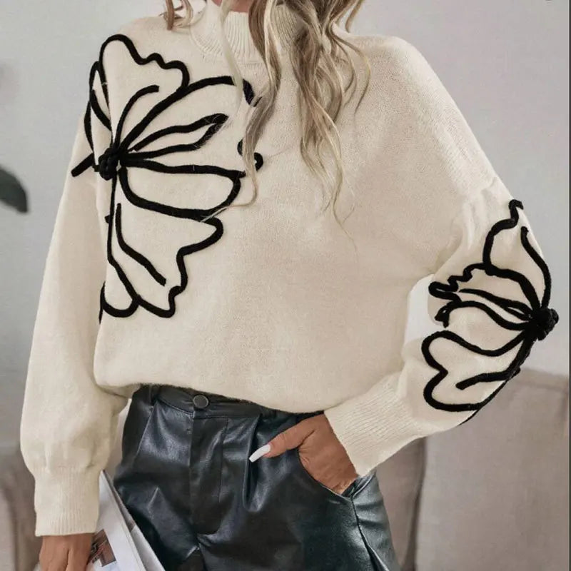 Autumn and Winter New Sweater Women's Embroidered Three-dimensional Large Flower High Neck Pullover Long Sleeved Knitted Sweater
