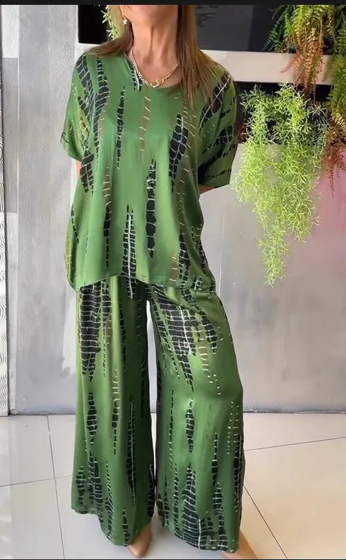 Summer Fashion T-shirt Pants Set Women Geometric Print Short Sleeved Tops Loose Wide Leg Pants Elegant Lady Set Clothing