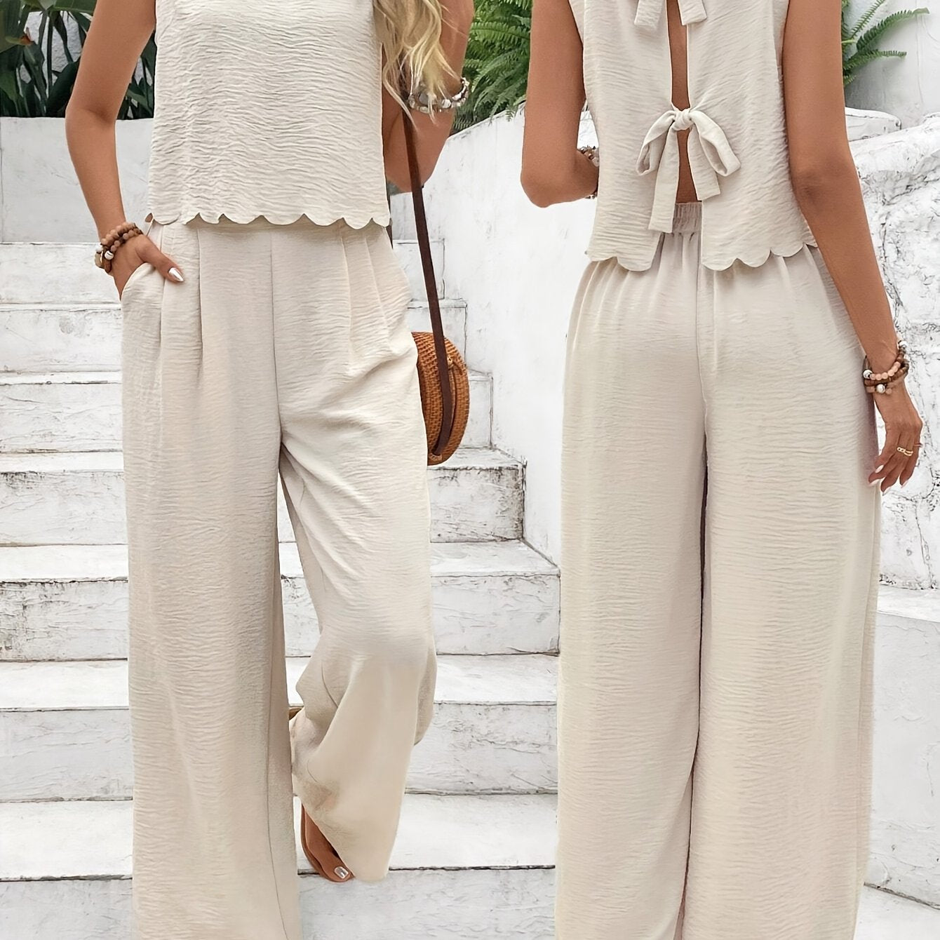 Women 2 piece set-sleeveless bow back top & wide leg pants