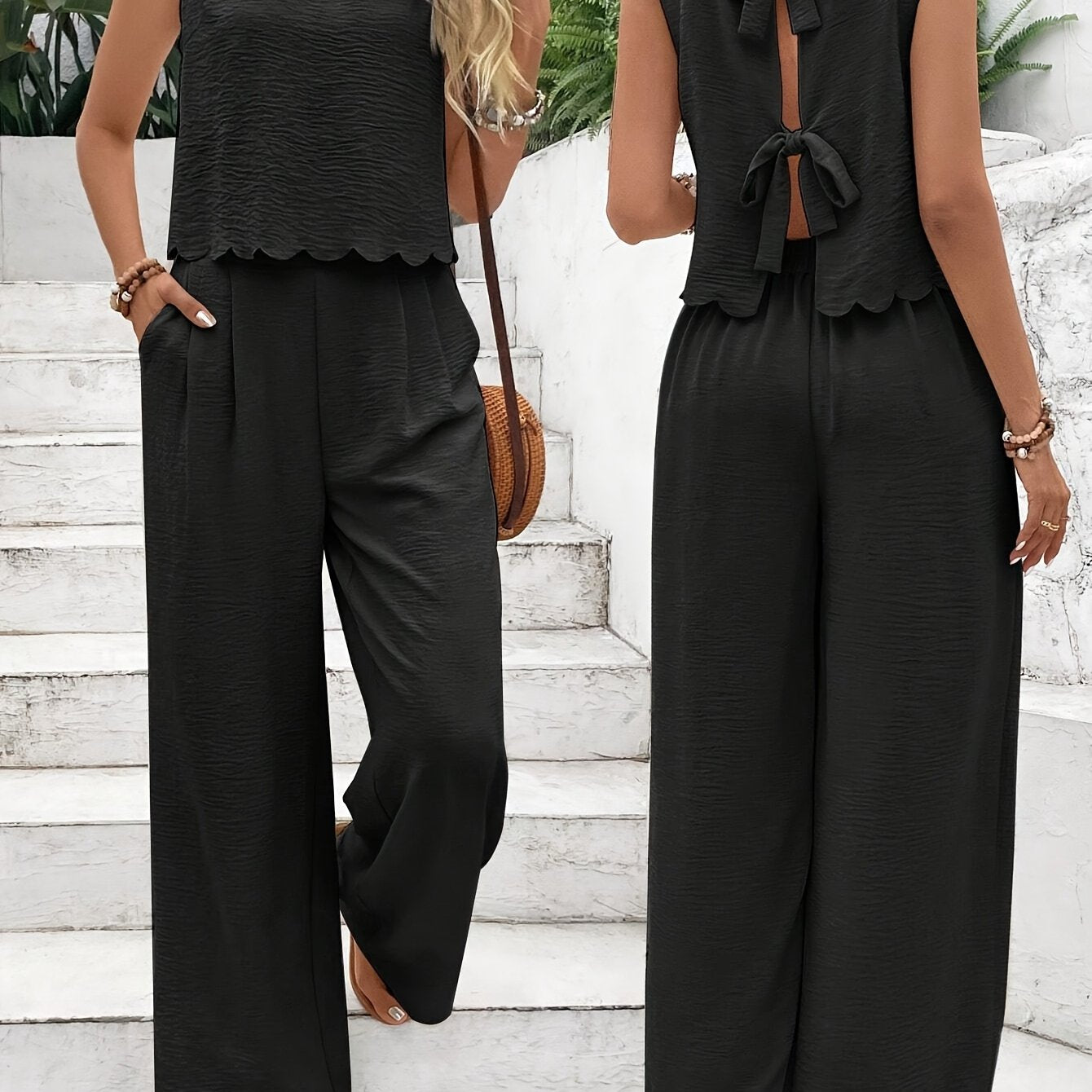 Women 2 piece set-sleeveless bow back top & wide leg pants