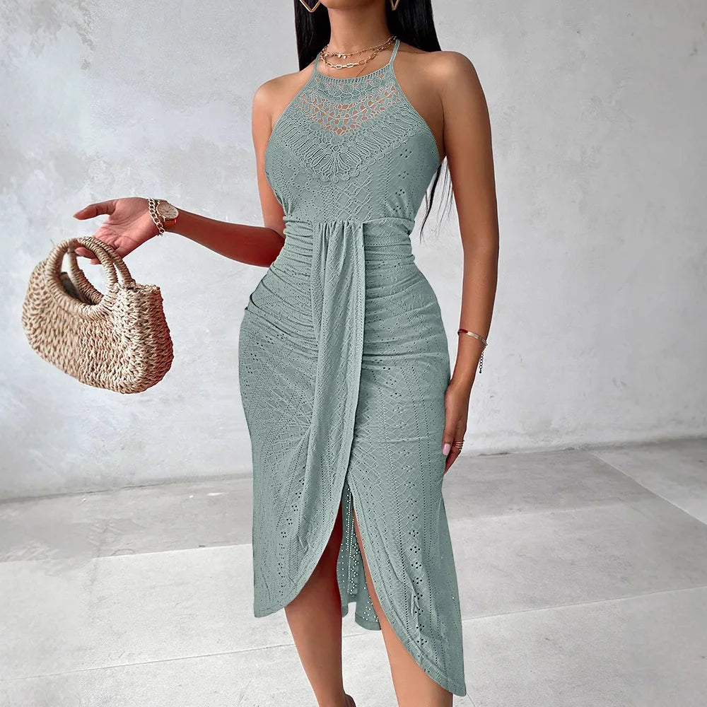 Summer Womens Halter Hollow Dresses 2025 New Strapless A Line Sleeveless Front Slit Ruched Maxi Irregular Street Trendy Dress
