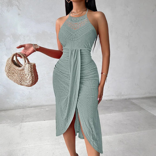 Summer Womens Halter Hollow Dresses 2025 New Strapless A Line Sleeveless Front Slit Ruched Maxi Irregular Street Trendy Dress