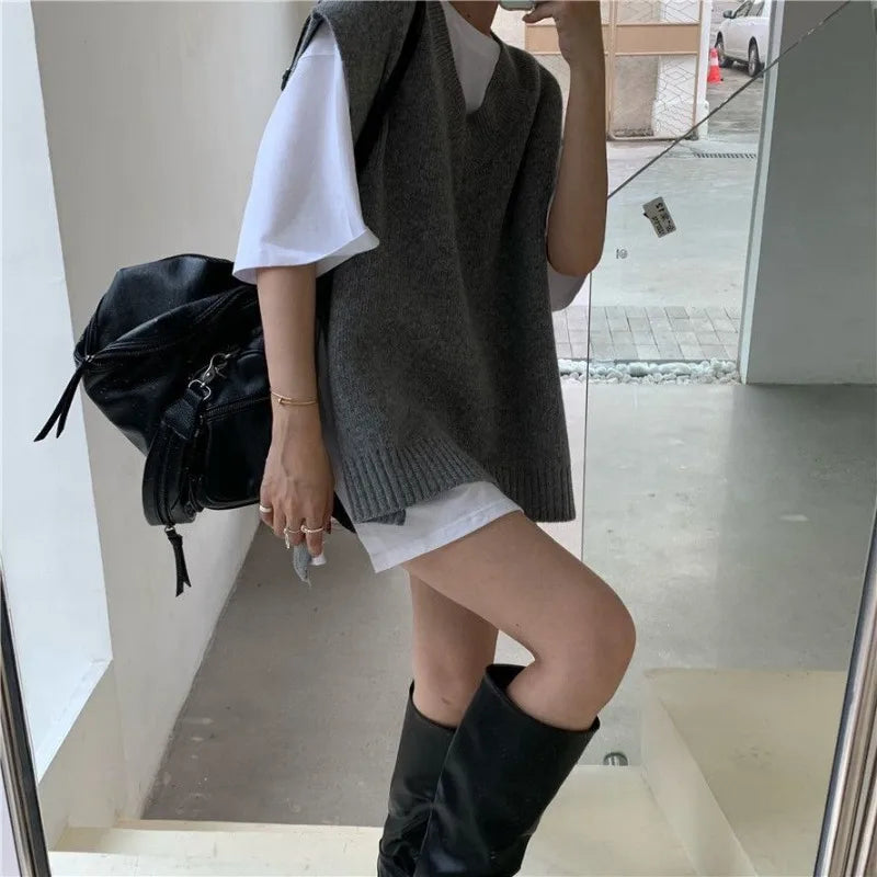Korean Lazy College Style Grey V Neck Knit Vest Women Autumn Winter Layering Outerwear Sweater Vest