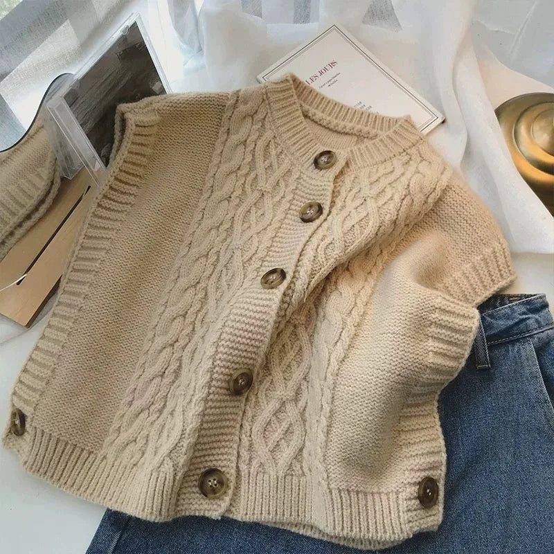 Cable Knit Sweater Vest Cardigan for Women Cozy Button Up Sleeveless Crop Knit Top for Women Teen-girl Fall Winter Casual Outfit