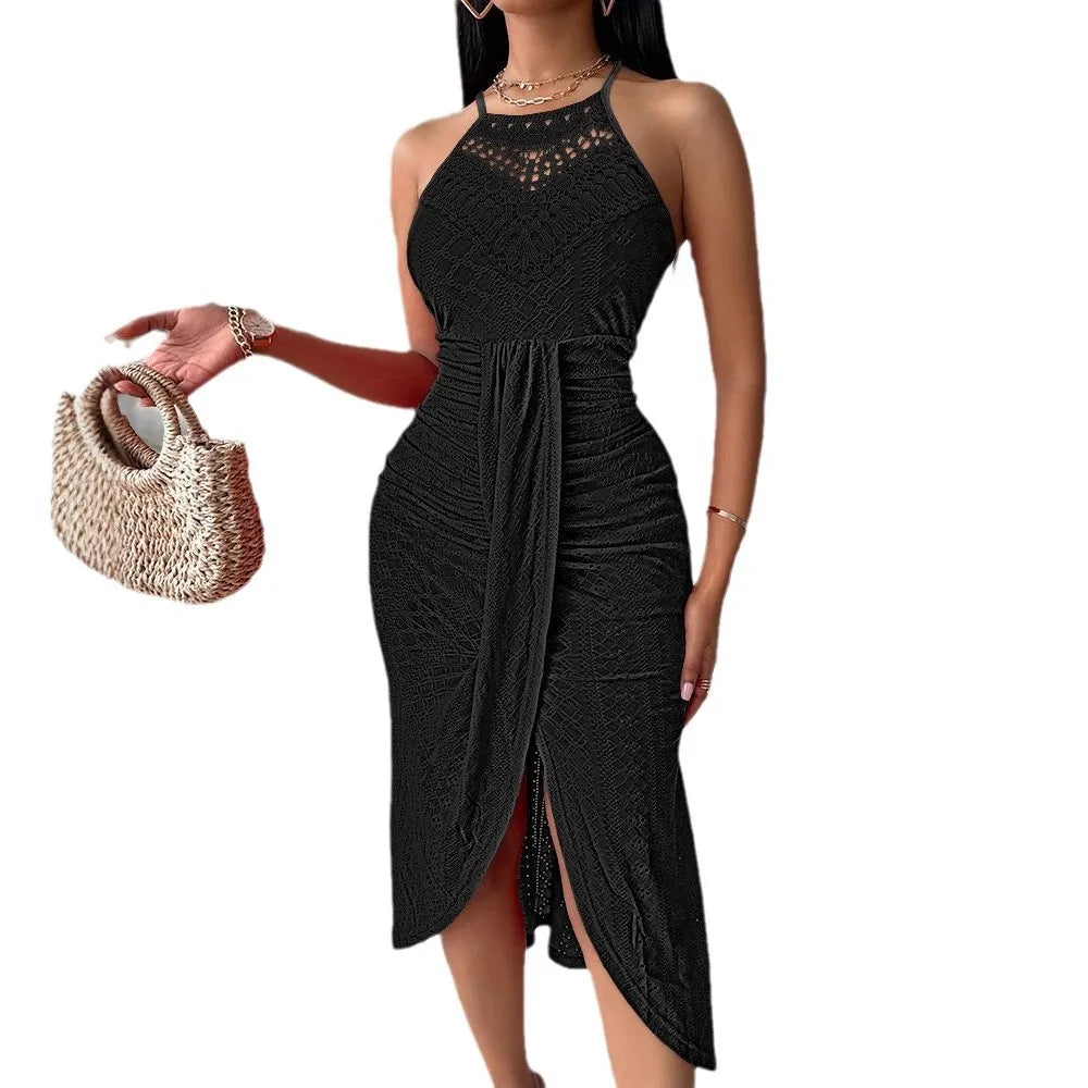 Summer Womens Halter Hollow Dresses 2025 New Strapless A Line Sleeveless Front Slit Ruched Maxi Irregular Street Trendy Dress