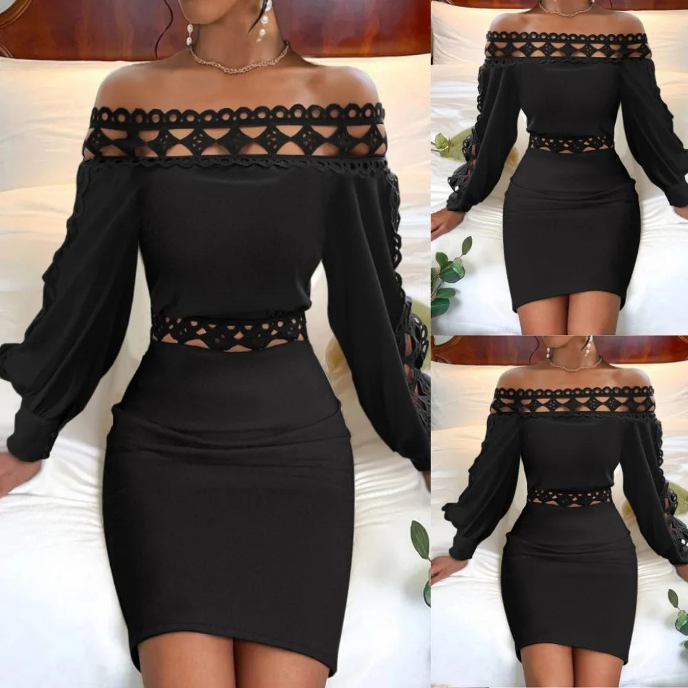 Women's Autumn Long Sleeved Wrap Hip Dresses Black Lace Patchwork Hollow Party Dress Fashion Slash Nneck High Waist Tight Dress