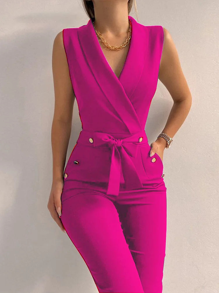 Summer Women's Sleeveless Jumpsuit Casual Sexy V-neck Sleeveless Jumpsuit Solid Color Button Up Wide Leg Pants