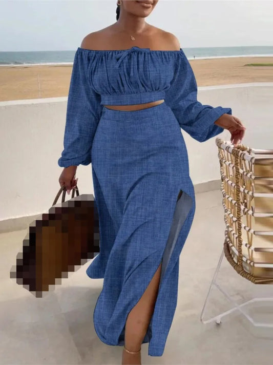 Casual Off Shoulder Suit Sexy Split Printing Loose Long Skirt Two Piece Set For Women Vacation Summer Outfits Vestido Feminino