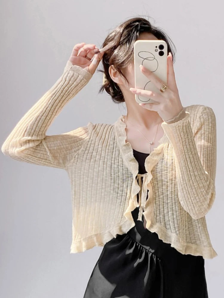 Lace Trim One Button Long Sleeve Crop Top Women Short Sleeve Open Front Ribbed Knit Cardigan Sweater Summer Fairycore Outfit