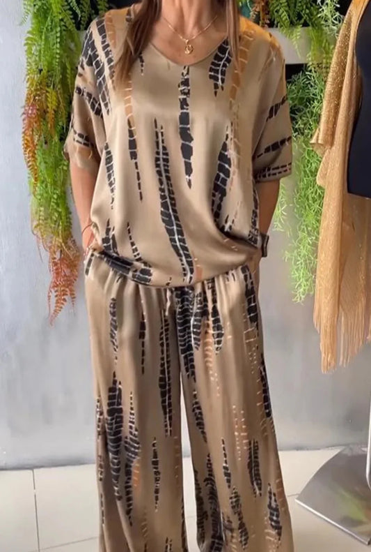 Summer Fashion T-shirt Pants Set Women Geometric Print Short Sleeved Tops Loose Wide Leg Pants Elegant Lady Set Clothing