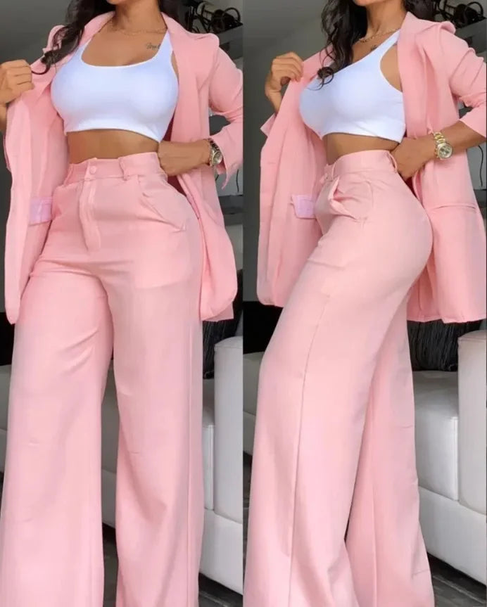Women Pant Sets Two Piece Set Pants Turn Down Collar Single Breasted Tracksuit Outerwear Ankle Length Straight Pockets Loose