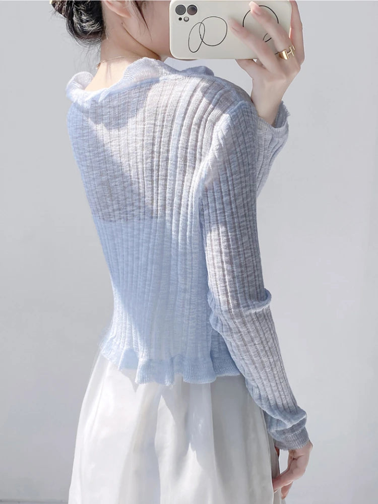 Lace Trim One Button Long Sleeve Crop Top Women Short Sleeve Open Front Ribbed Knit Cardigan Sweater Summer Fairycore Outfit
