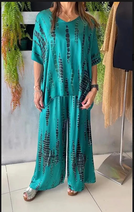 Summer Fashion T-shirt Pants Set Women Geometric Print Short Sleeved Tops Loose Wide Leg Pants Elegant Lady Set Clothing