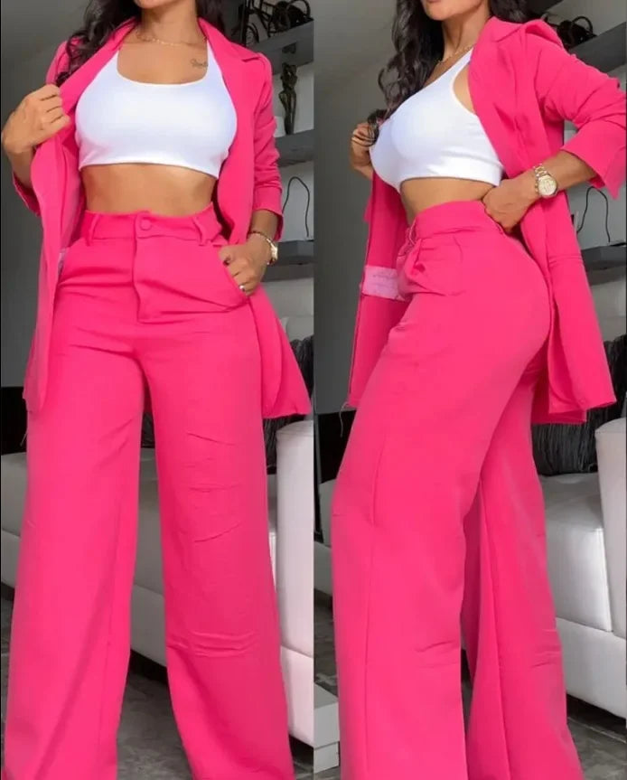 Women Pant Sets Two Piece Set Pants Turn Down Collar Single Breasted Tracksuit Outerwear Ankle Length Straight Pockets Loose