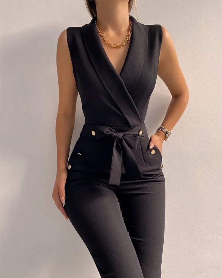 Summer Women's Sleeveless Jumpsuit Casual Sexy V-neck Sleeveless Jumpsuit Solid Color Button Up Wide Leg Pants