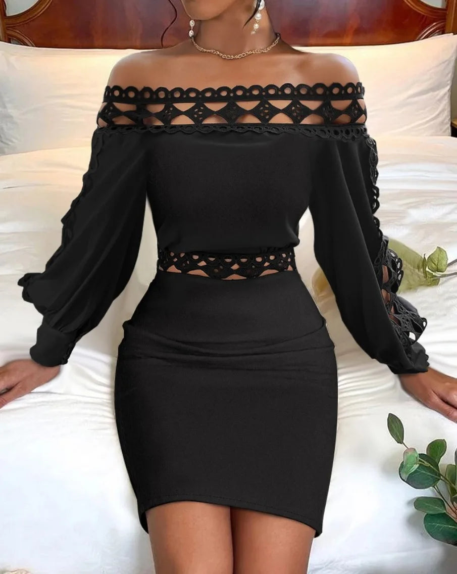 Women's Autumn Long Sleeved Wrap Hip Dresses Black Lace Patchwork Hollow Party Dress Fashion Slash Nneck High Waist Tight Dress