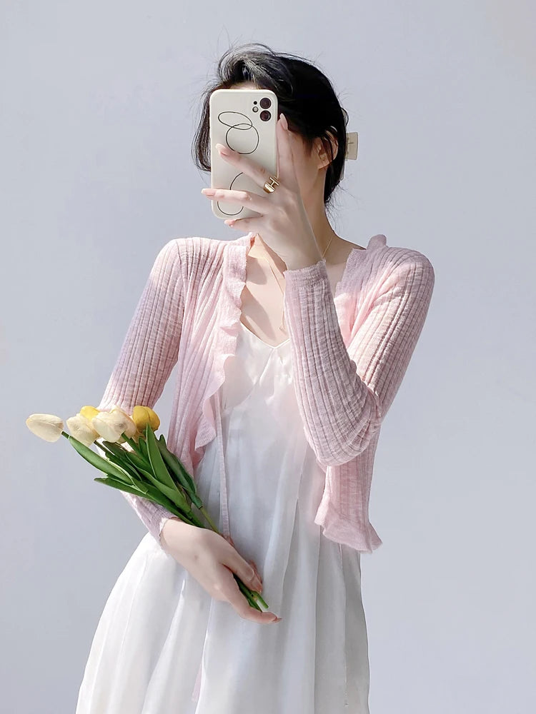 Lace Trim One Button Long Sleeve Crop Top Women Short Sleeve Open Front Ribbed Knit Cardigan Sweater Summer Fairycore Outfit