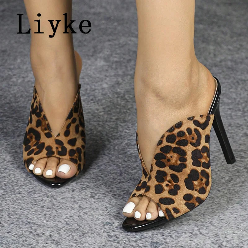 Liyke Sexy Leopard Print Women's High Heels Slippers Fashion Peep Toe Stiletto Shoes Mules Slides Summer Sandals Zapatos Mujer