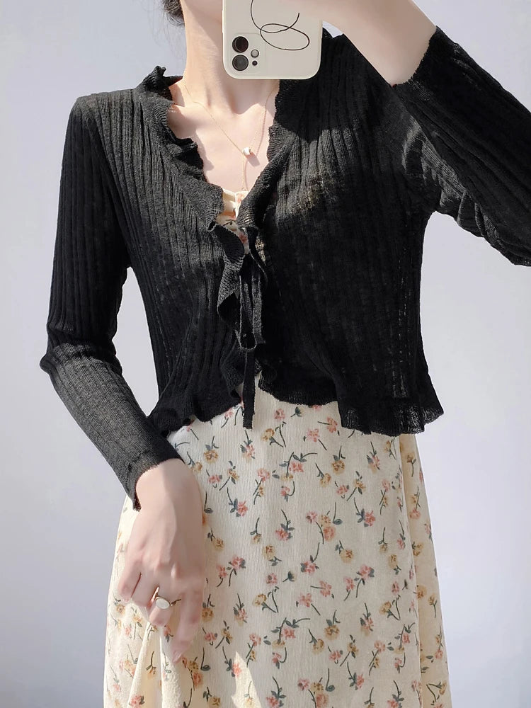 Lace Trim One Button Long Sleeve Crop Top Women Short Sleeve Open Front Ribbed Knit Cardigan Sweater Summer Fairycore Outfit