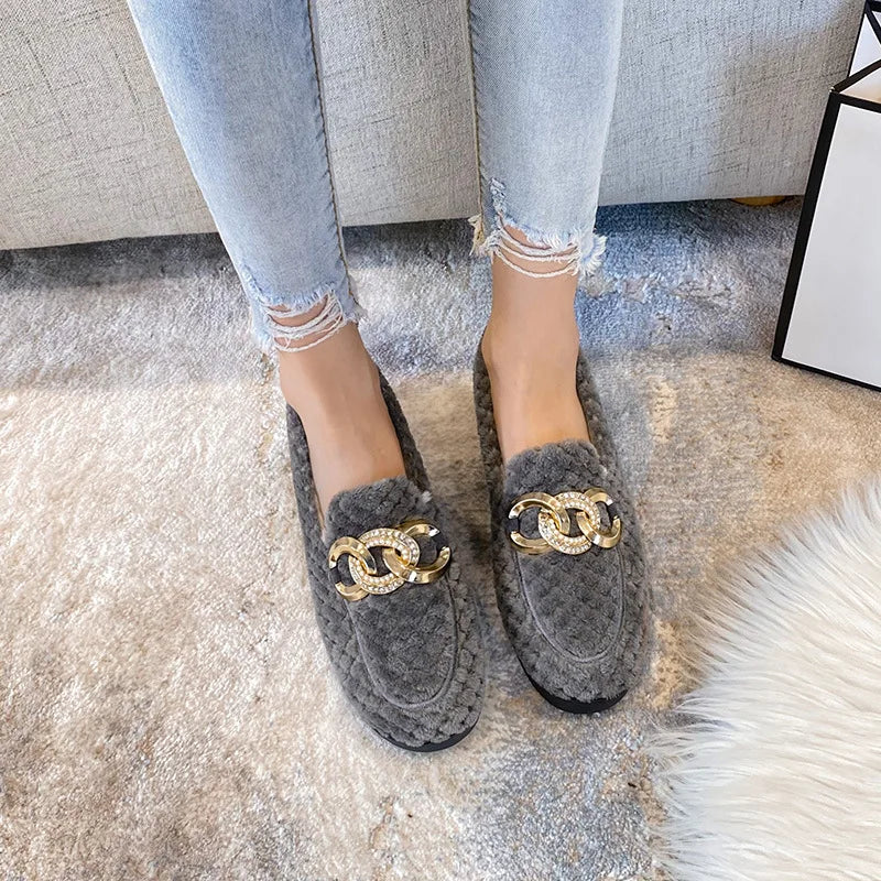 Winter Thicken Soled Wool Shoes Woman Plush Fur Flats Cotton Loafers Ladies Brand Crystal Chain Moccasin Femme Lambswool Sneaker