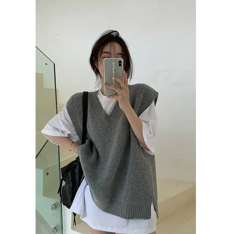 Korean Lazy College Style Grey V Neck Knit Vest Women Autumn Winter Layering Outerwear Sweater Vest