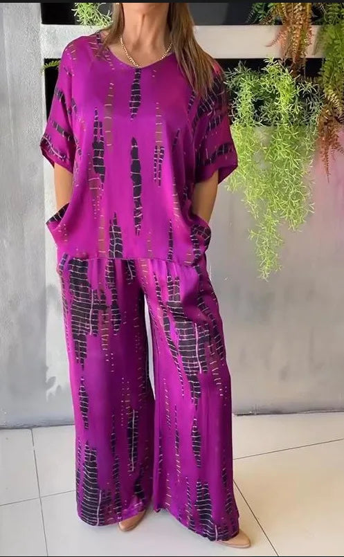 Summer Fashion T-shirt Pants Set Women Geometric Print Short Sleeved Tops Loose Wide Leg Pants Elegant Lady Set Clothing