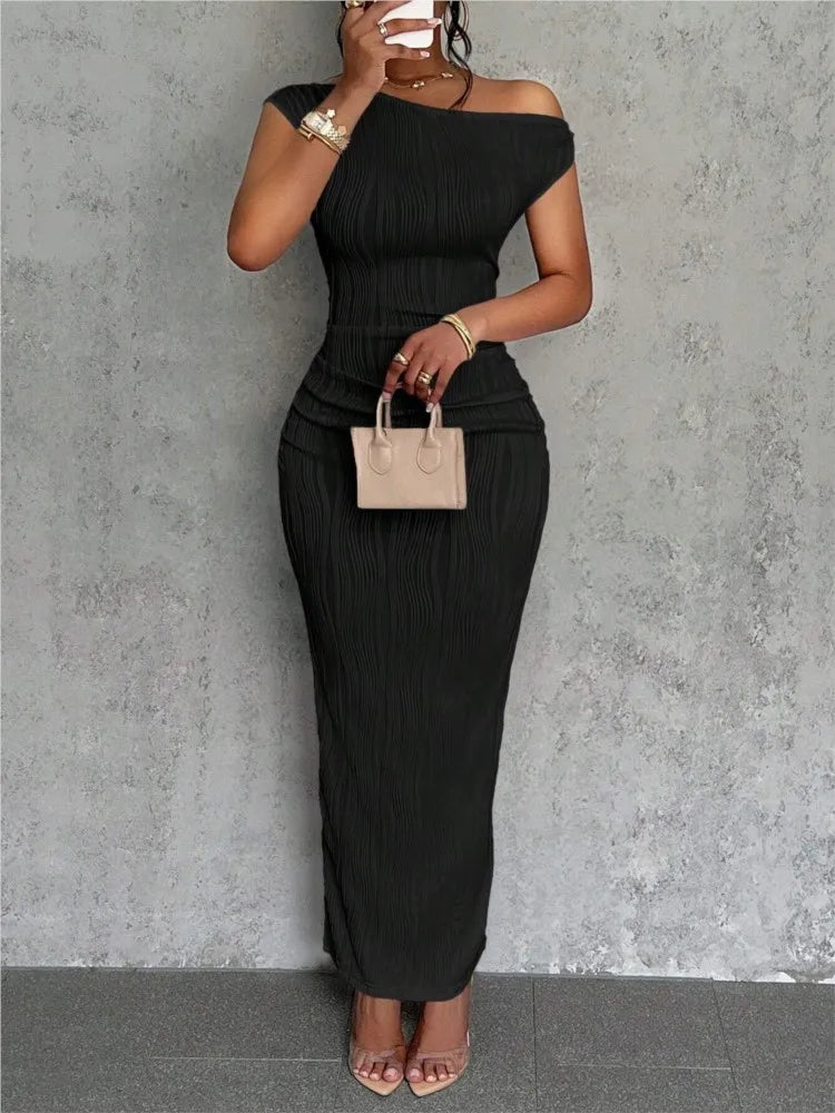 Fashion Water Ripple Slanted Shoulder Dress Women's Elegant And Simple Solid Color A-line Collar Mid-waist Sexy Hip Wrap Skirt
