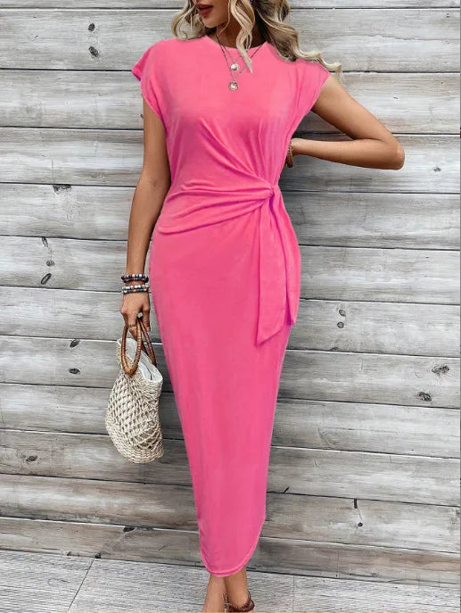 Summer New Long Dress Elegant Waist Strap Fashionable Striped Print Round Neck Short Sleeved High-end Women's Dress