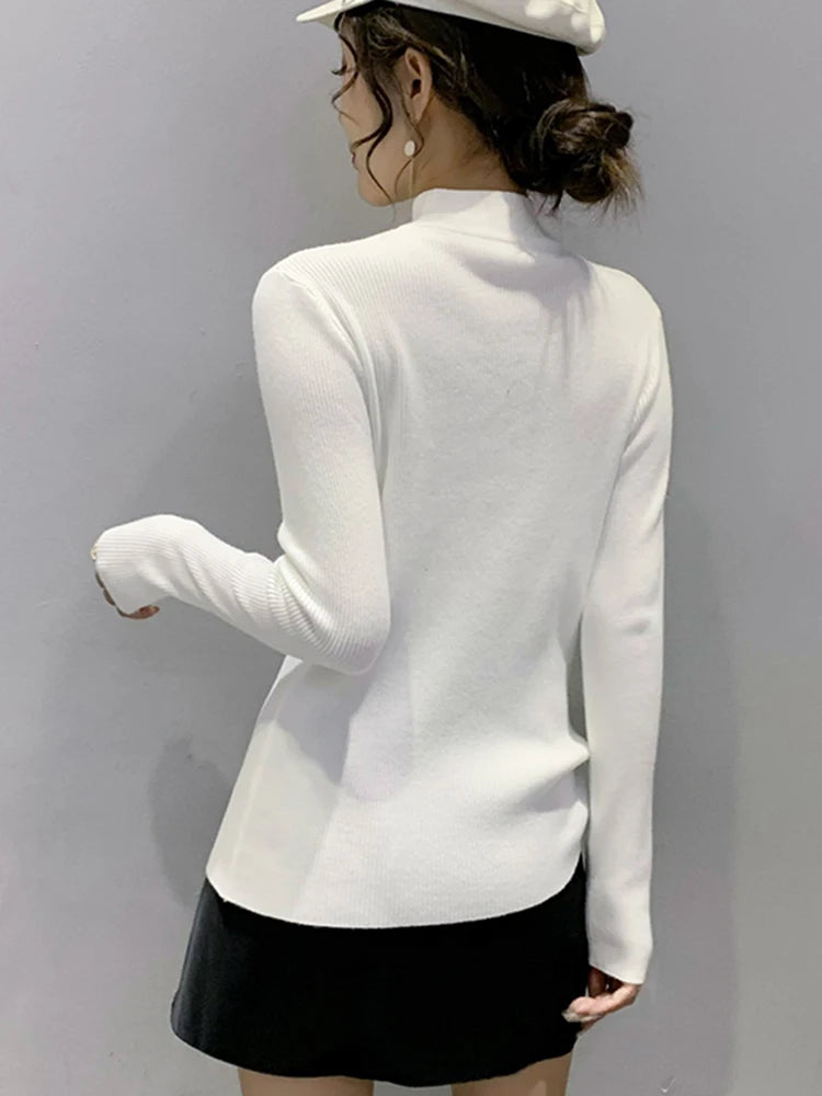 Autumn Winter Pullovers Women Hollow-out Sweaters Long Sleeve Half High Collar Sweater Female Slim Korean Knitwears Tops 2025