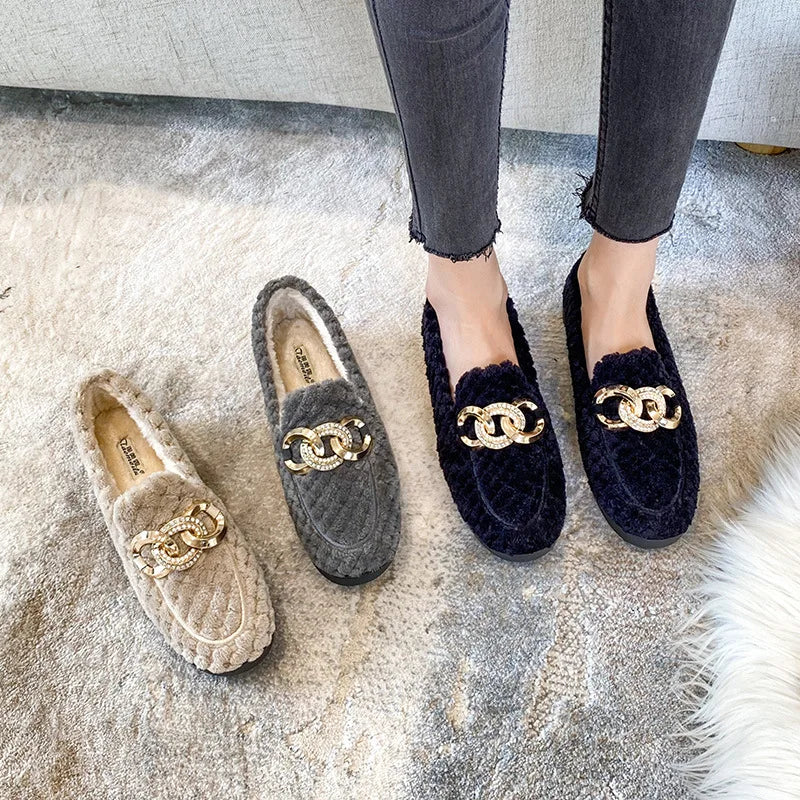 Winter Thicken Soled Wool Shoes Woman Plush Fur Flats Cotton Loafers Ladies Brand Crystal Chain Moccasin Femme Lambswool Sneaker