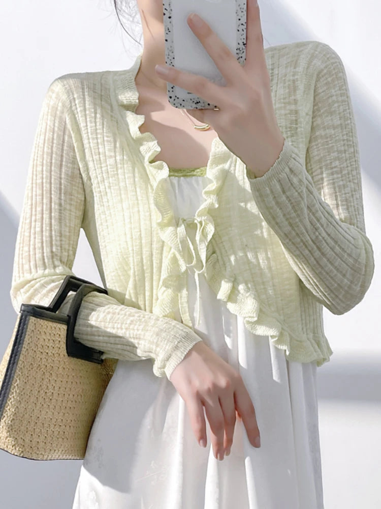 Lace Trim One Button Long Sleeve Crop Top Women Short Sleeve Open Front Ribbed Knit Cardigan Sweater Summer Fairycore Outfit
