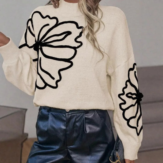 Autumn and Winter New Sweater Women's Embroidered Three-dimensional Large Flower High Neck Pullover Long Sleeved Knitted Sweater