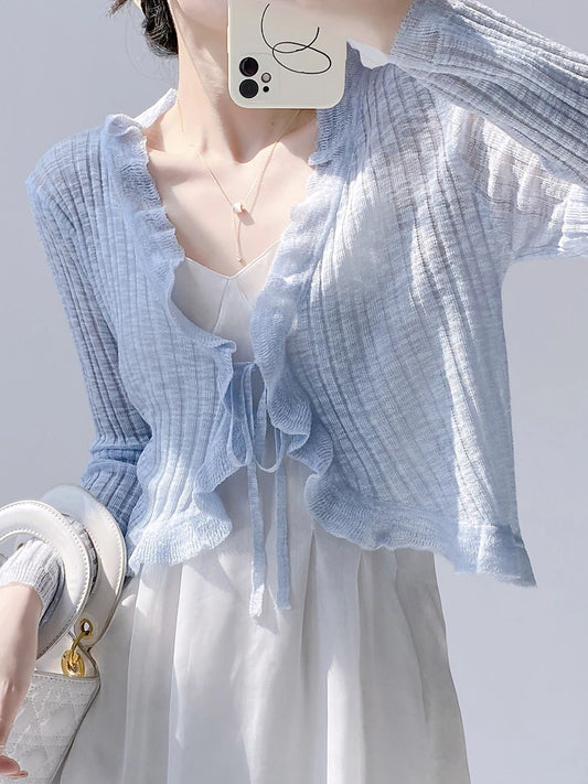 Lace Trim One Button Long Sleeve Crop Top Women Short Sleeve Open Front Ribbed Knit Cardigan Sweater Summer Fairycore Outfit