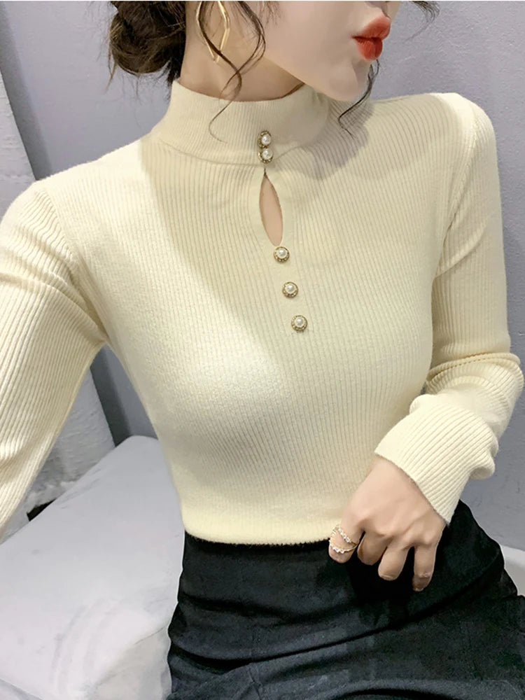 Autumn Winter Pullovers Women Hollow-out Sweaters Long Sleeve Half High Collar Sweater Female Slim Korean Knitwears Tops 2025