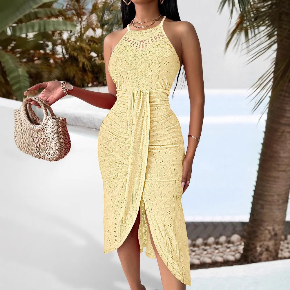 Summer Womens Halter Hollow Dresses 2025 New Strapless A Line Sleeveless Front Slit Ruched Maxi Irregular Street Trendy Dress
