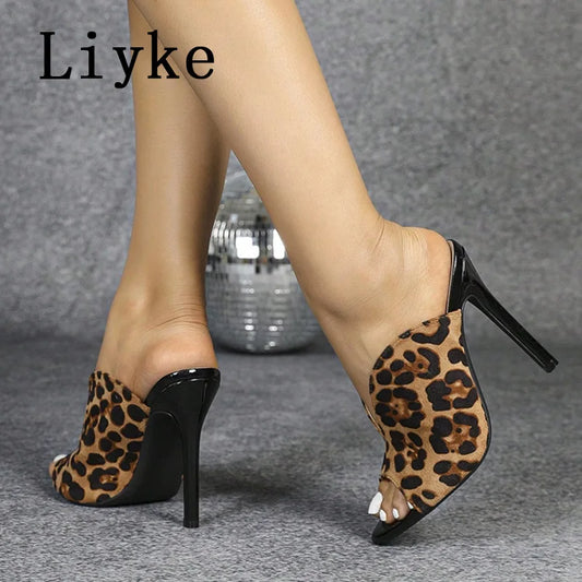 Liyke Sexy Leopard Print Women's High Heels Slippers Fashion Peep Toe Stiletto Shoes Mules Slides Summer Sandals Zapatos Mujer