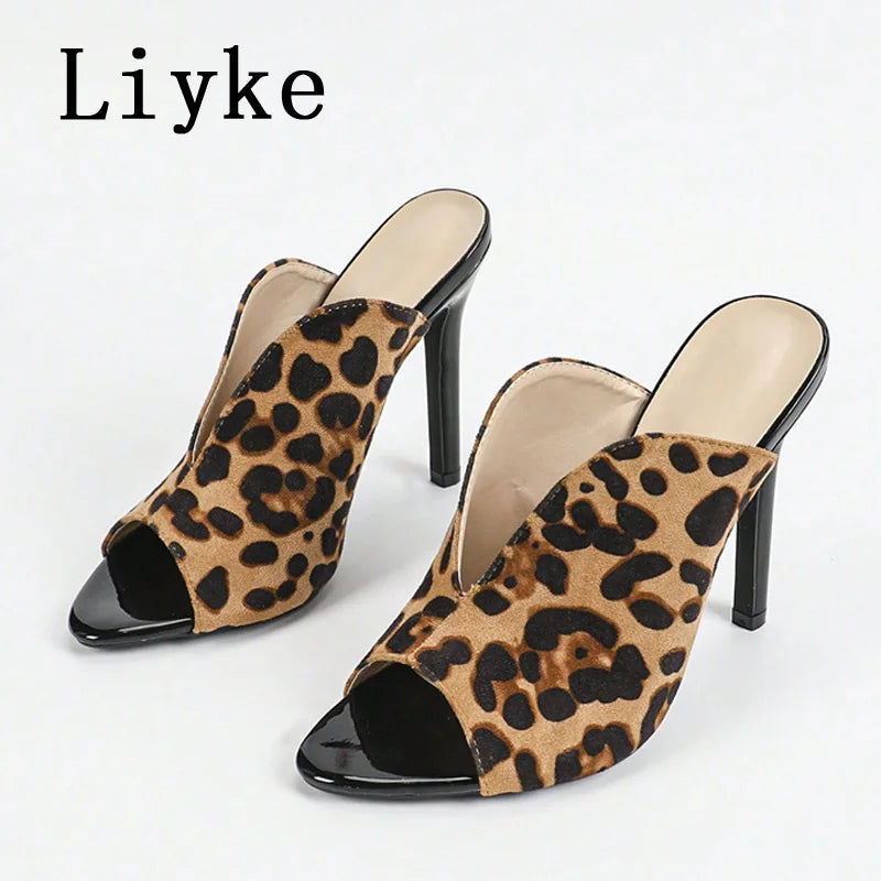 Liyke Sexy Leopard Print Women's High Heels Slippers Fashion Peep Toe Stiletto Shoes Mules Slides Summer Sandals Zapatos Mujer