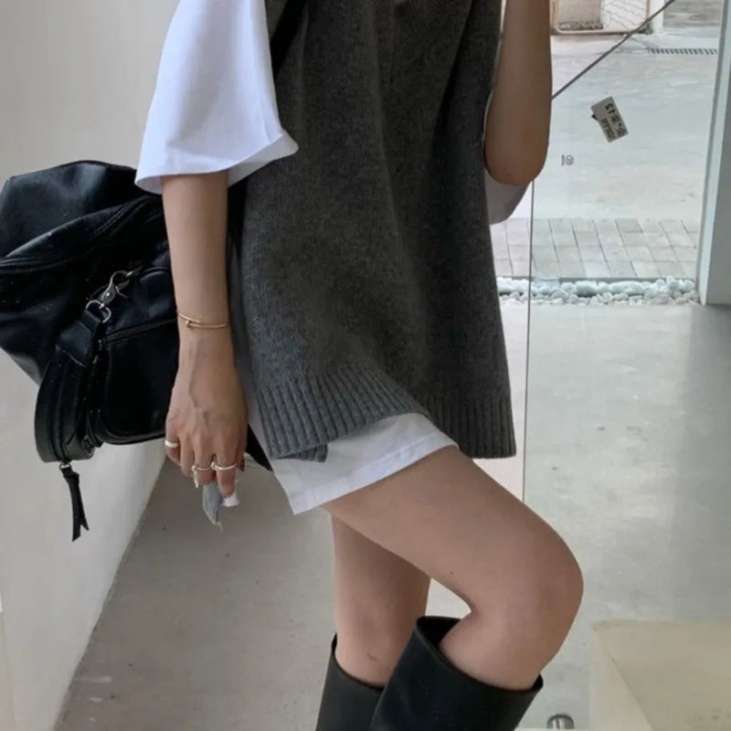 Korean Lazy College Style Grey V Neck Knit Vest Women Autumn Winter Layering Outerwear Sweater Vest