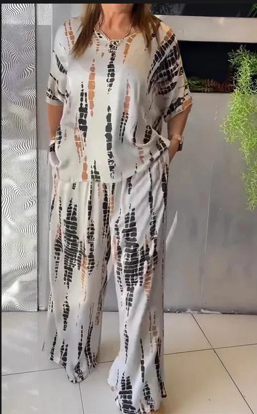 Summer Fashion T-shirt Pants Set Women Geometric Print Short Sleeved Tops Loose Wide Leg Pants Elegant Lady Set Clothing